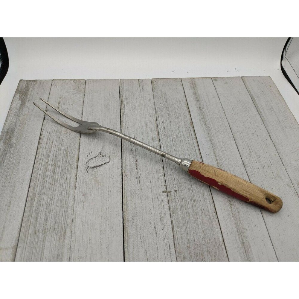 Vintage Ekco A&J #2 Meat Turning Fork 12 3/4" Wood Handle Stainless Steel